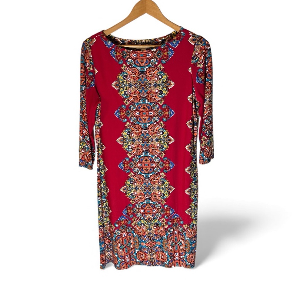 F6- London Style Red and Blue Patterned Long Sleeve Dress Women’s 12 Large LG